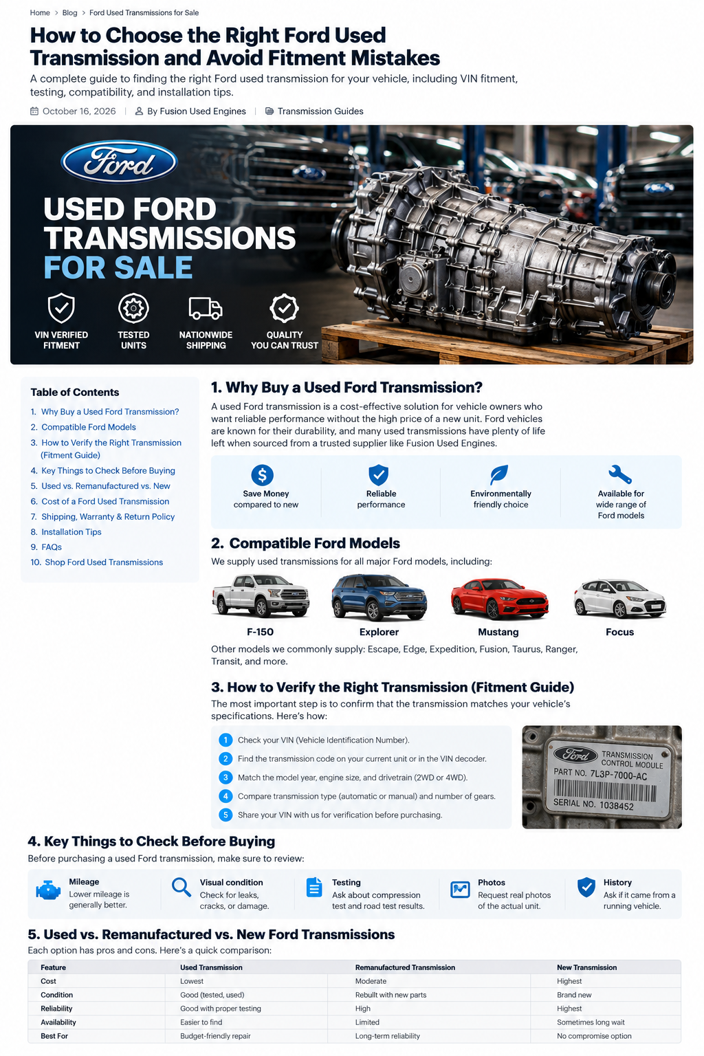 Ford used transmission buying guide with transmission, VIN fitment, testing, and shipping information