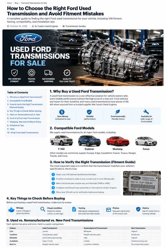 Ford used transmission buying guide with transmission, VIN fitment, testing, and shipping information