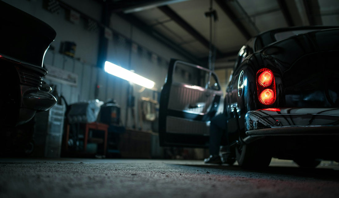 Automotive engine in a repair workshop