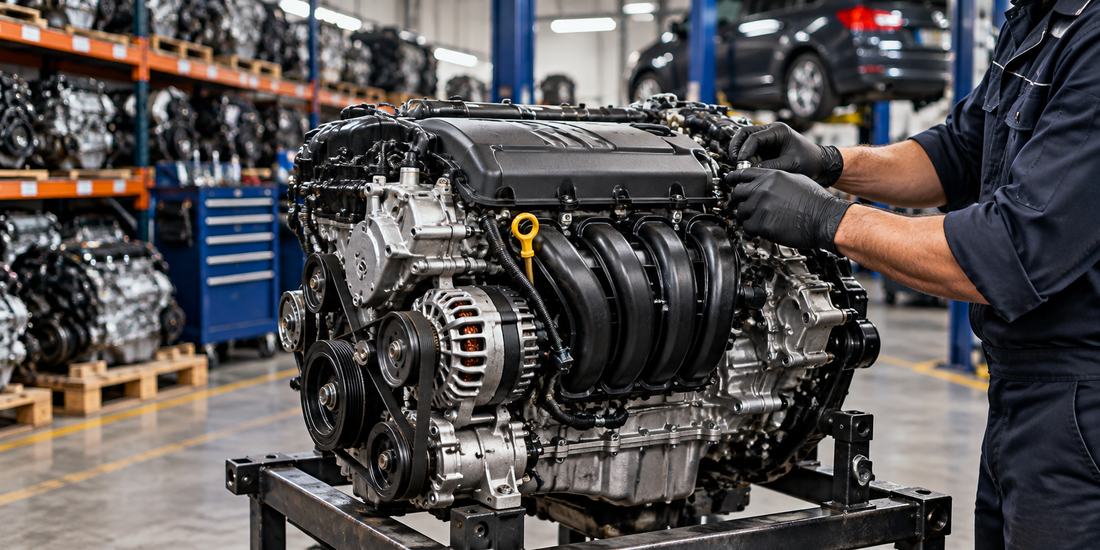 Used engine inspection in an automotive workshop for Hyundai engine replacement buyers