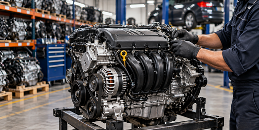 Used engine inspection in an automotive workshop for Hyundai engine replacement buyers