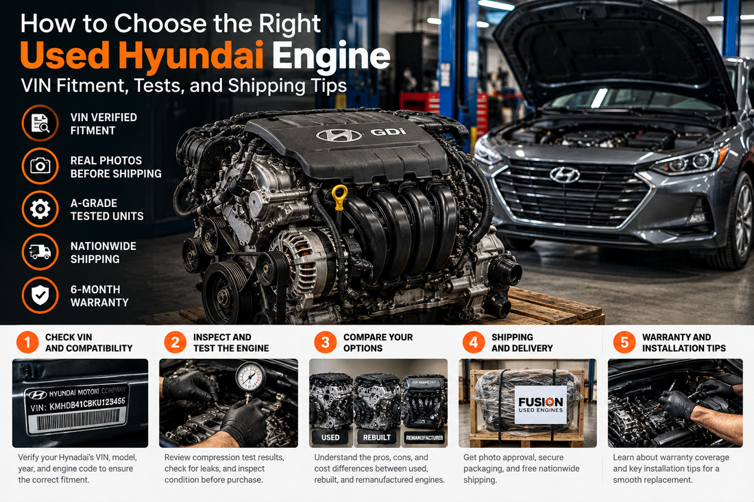 Used Hyundai engine buying guide showing VIN fitment, inspection, shipping and warranty considerations