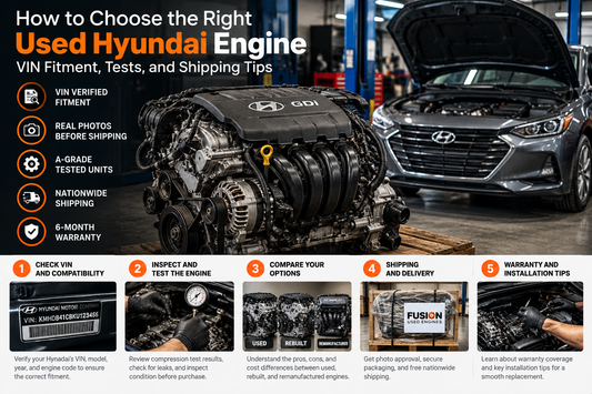 Used Hyundai engine buying guide showing VIN fitment, inspection, shipping and warranty considerations