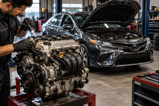 Mechanic inspecting a used engine beside a Toyota Camry in an auto workshop