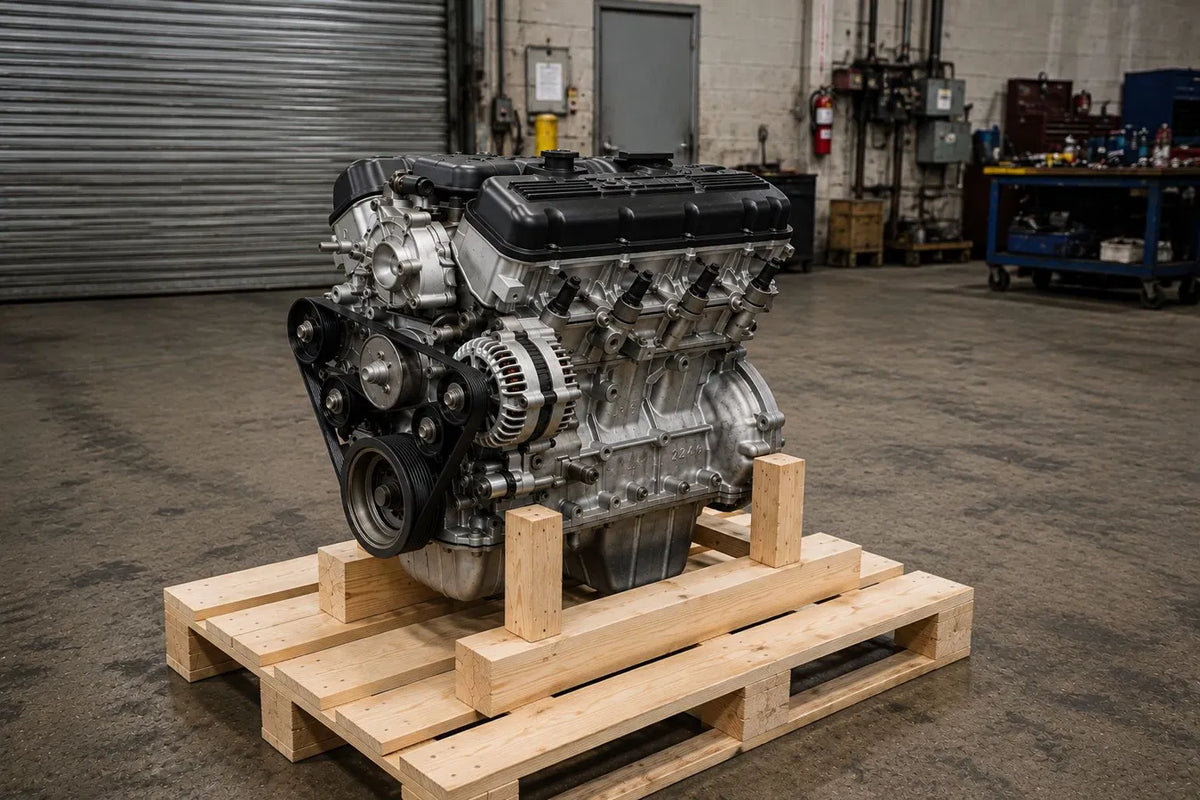 Used V6 long block with alternator and belt, strapped to a shipping pallet