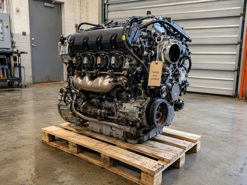 Used engine with a tested-and-verified tag on a shipping pallet